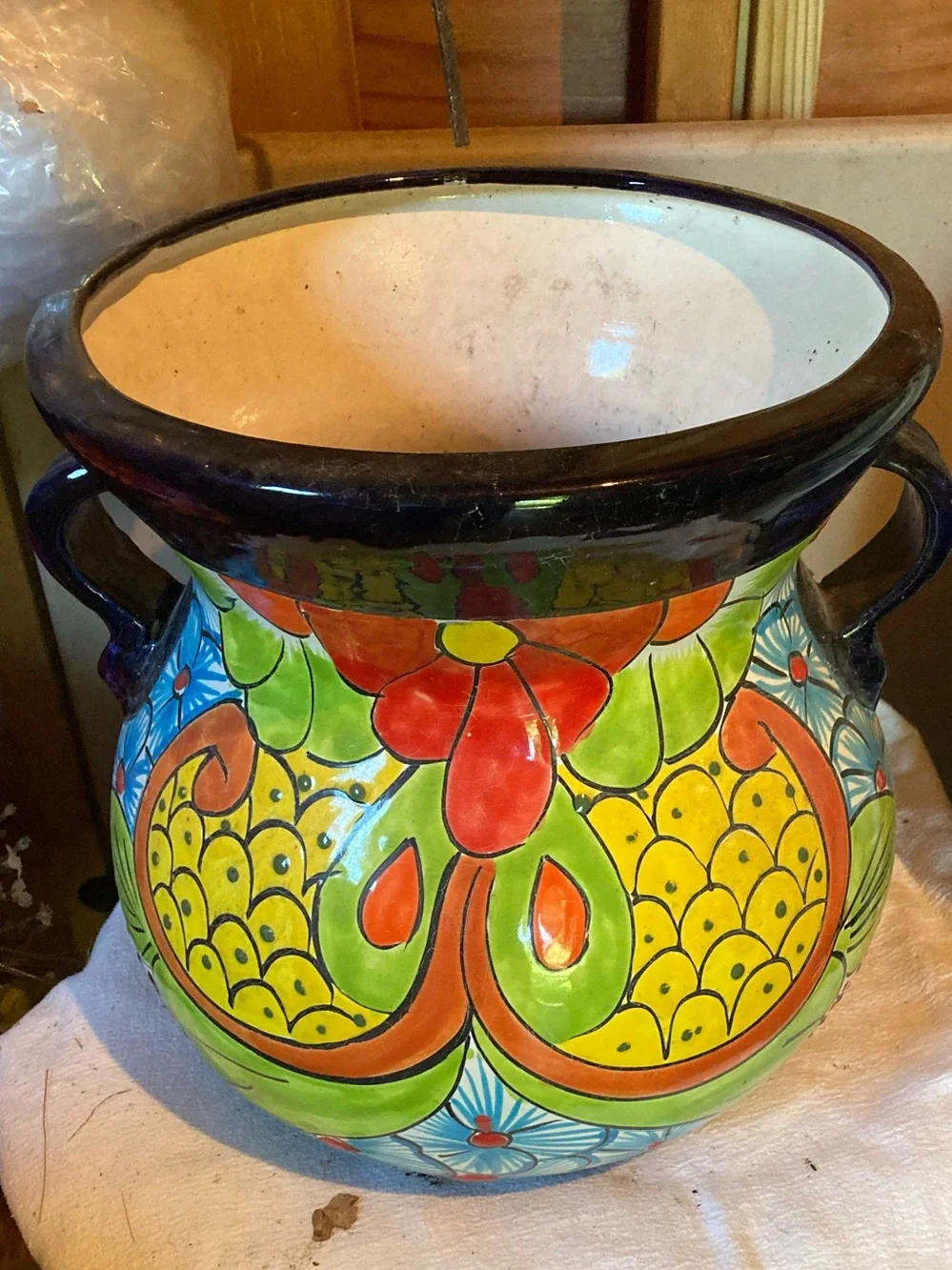 Hand Painted Handled Flower Pot Made in Mexico 12” Tall GORGEOUS